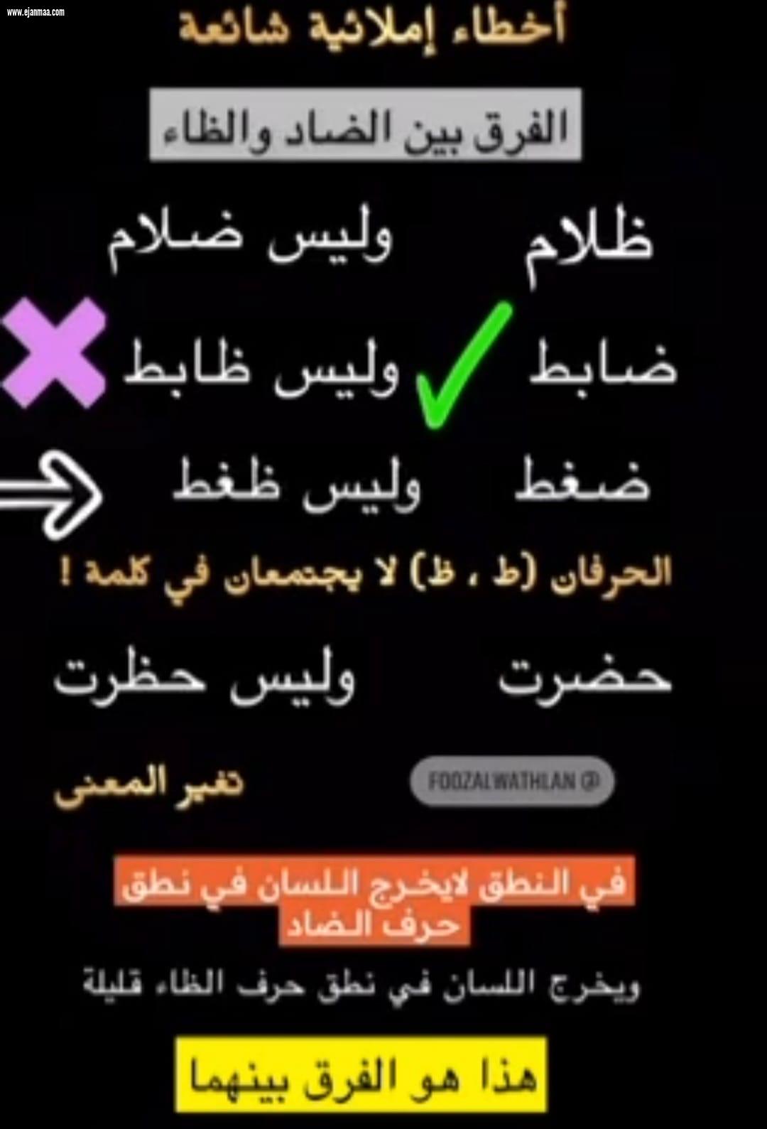 الفرق بين حرف الضاد والظاء في النطق والكتابة .